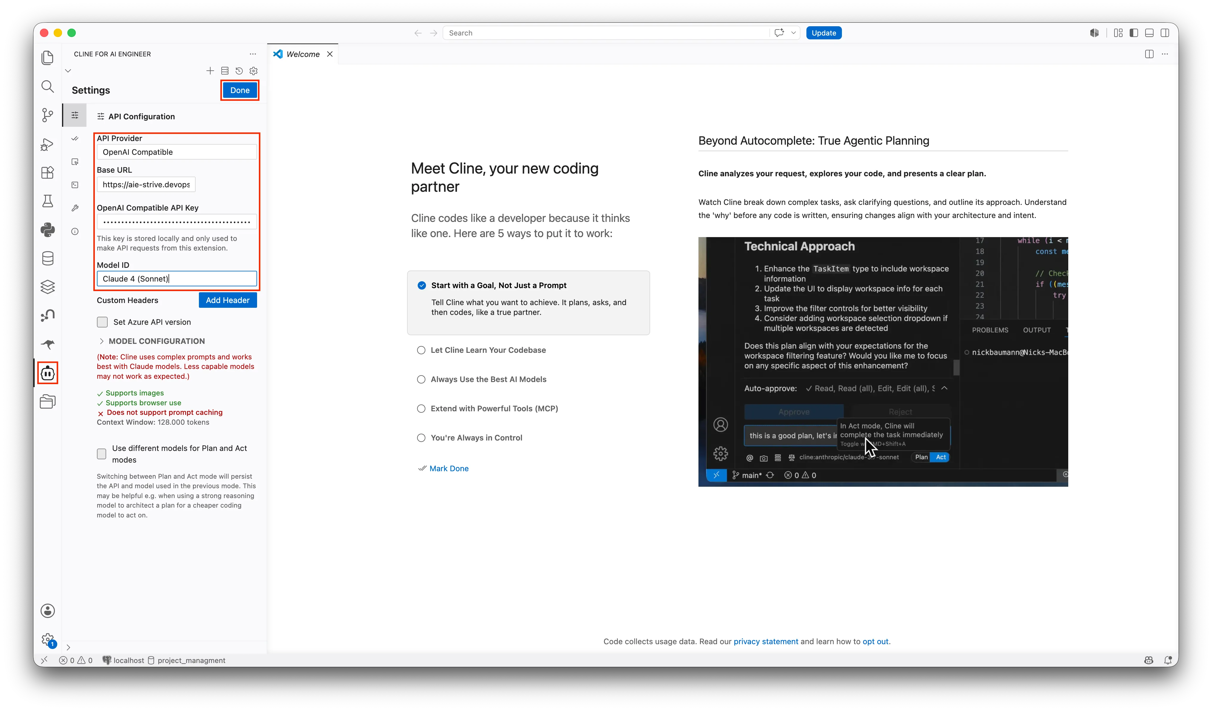 Configure API provider in cline for AI Engineer