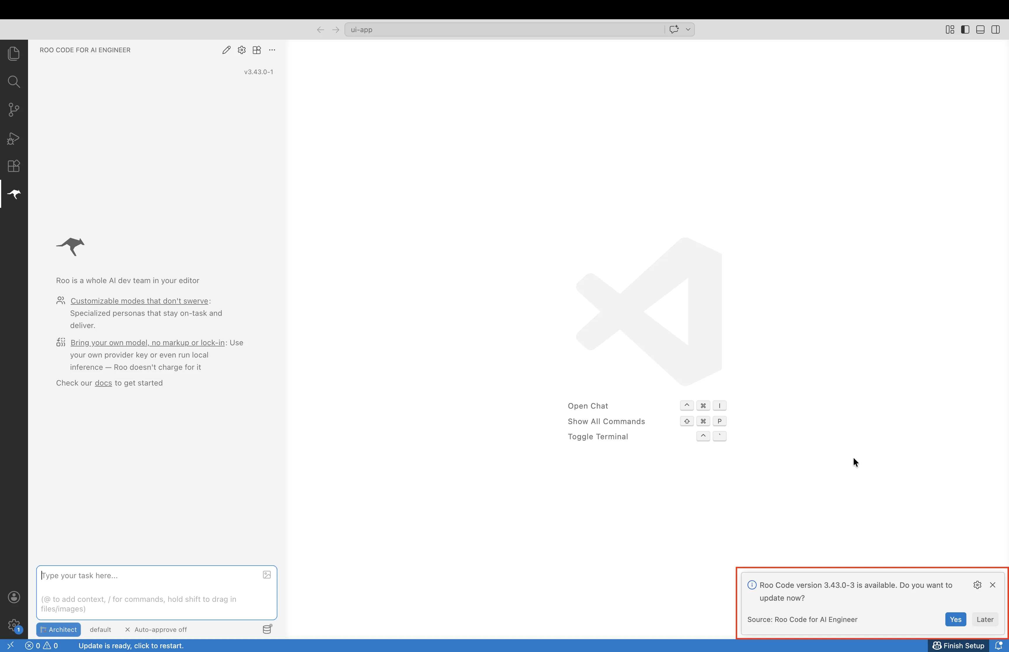 Roo Code update prompt in VS Code with the "Yes" button to download the latest version
