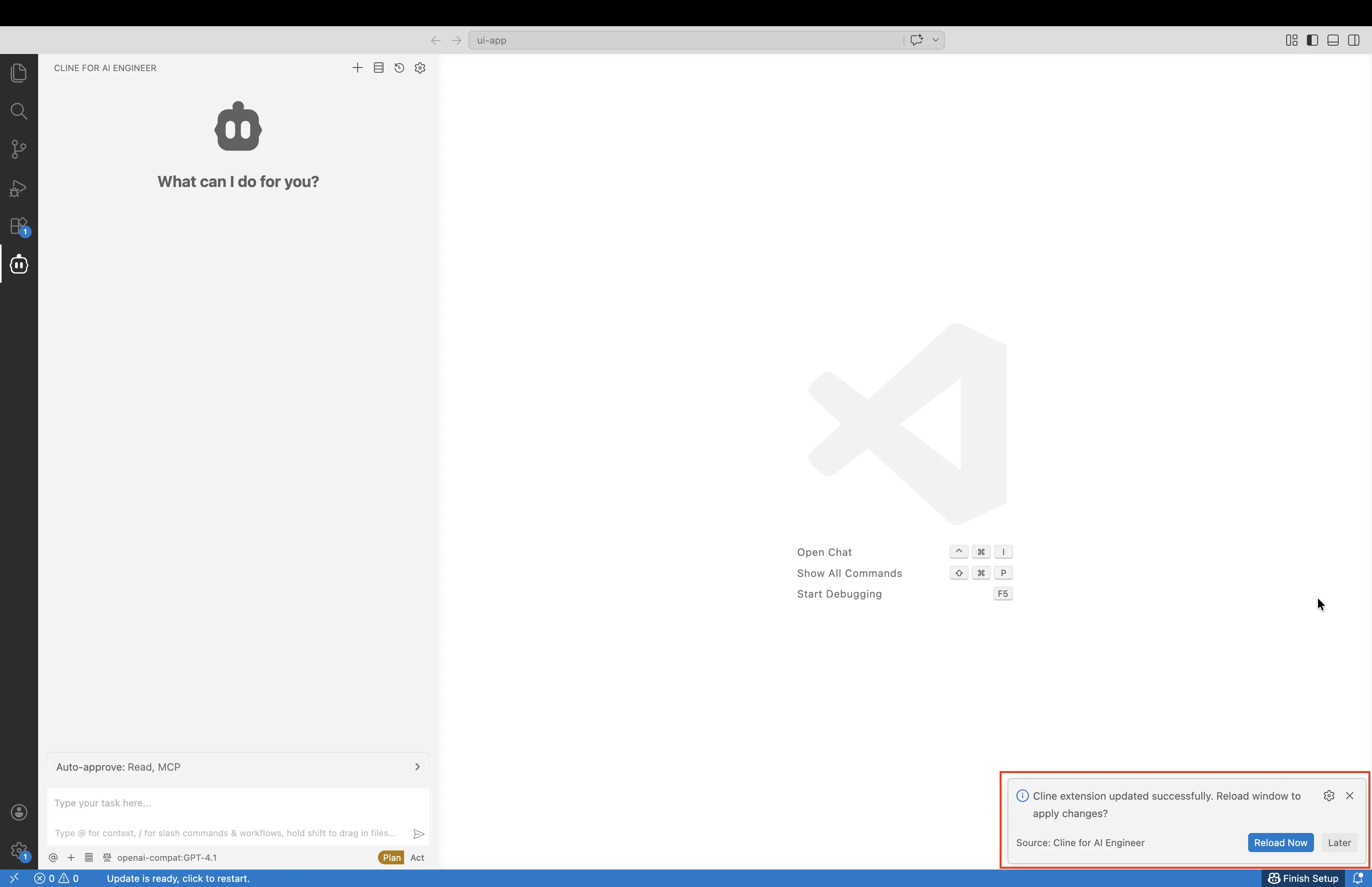 Notification that Cline was updated successfully with a Reload Now button