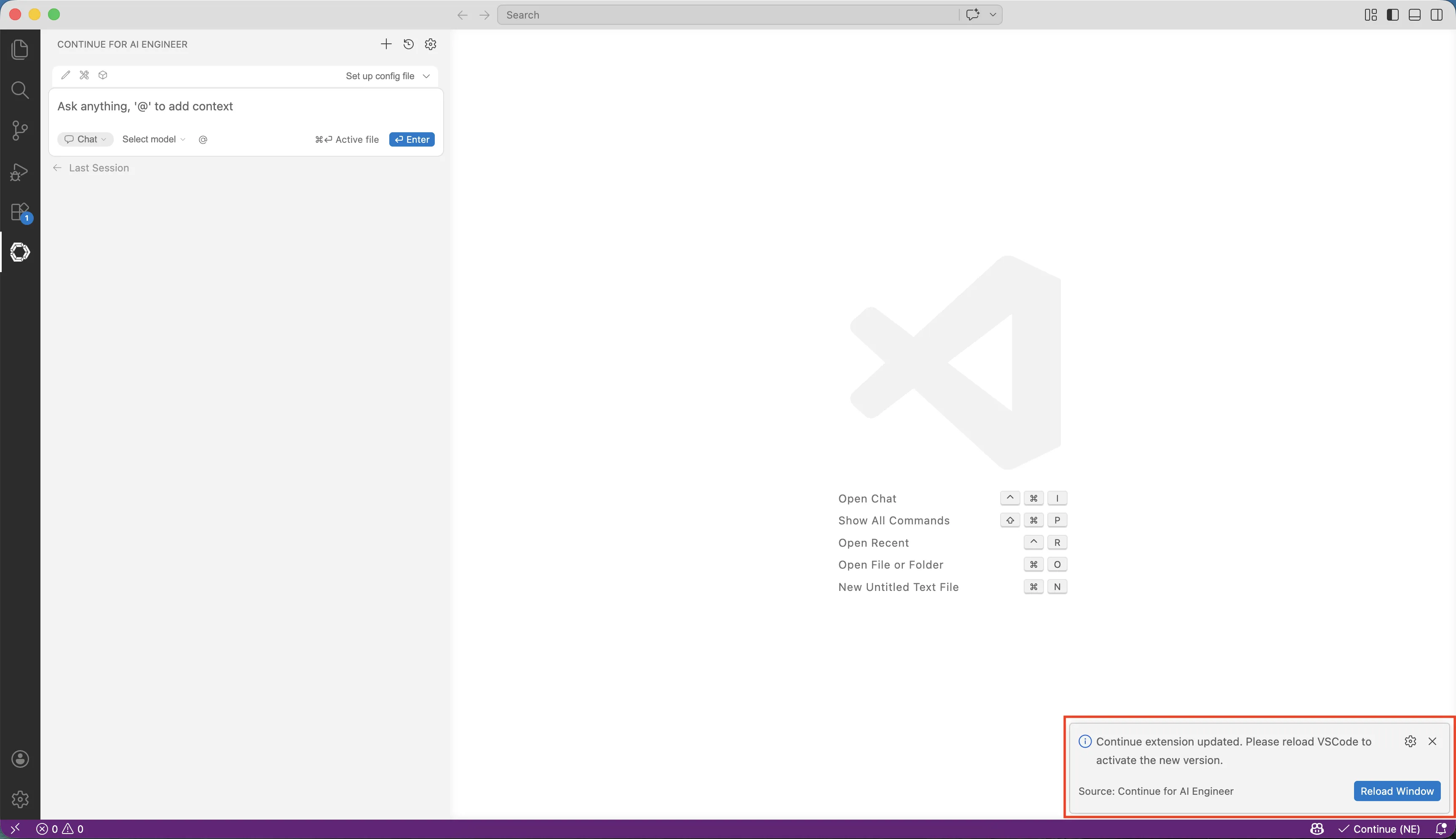 Notification that Continue was updated successfully with a Reload Now button