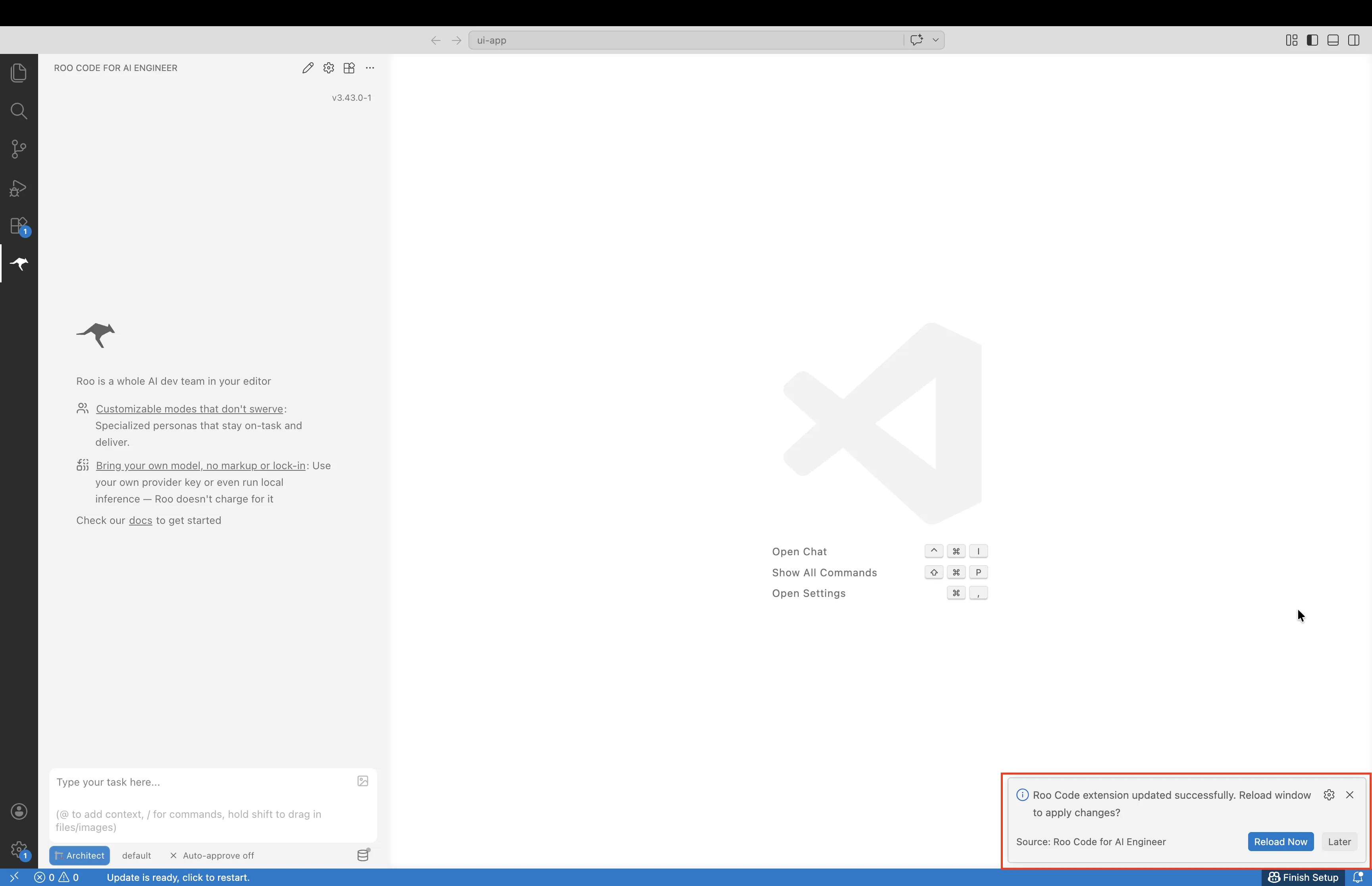 Roo Code post-download prompt in VS Code with the "Reload Now" button to restart the extension