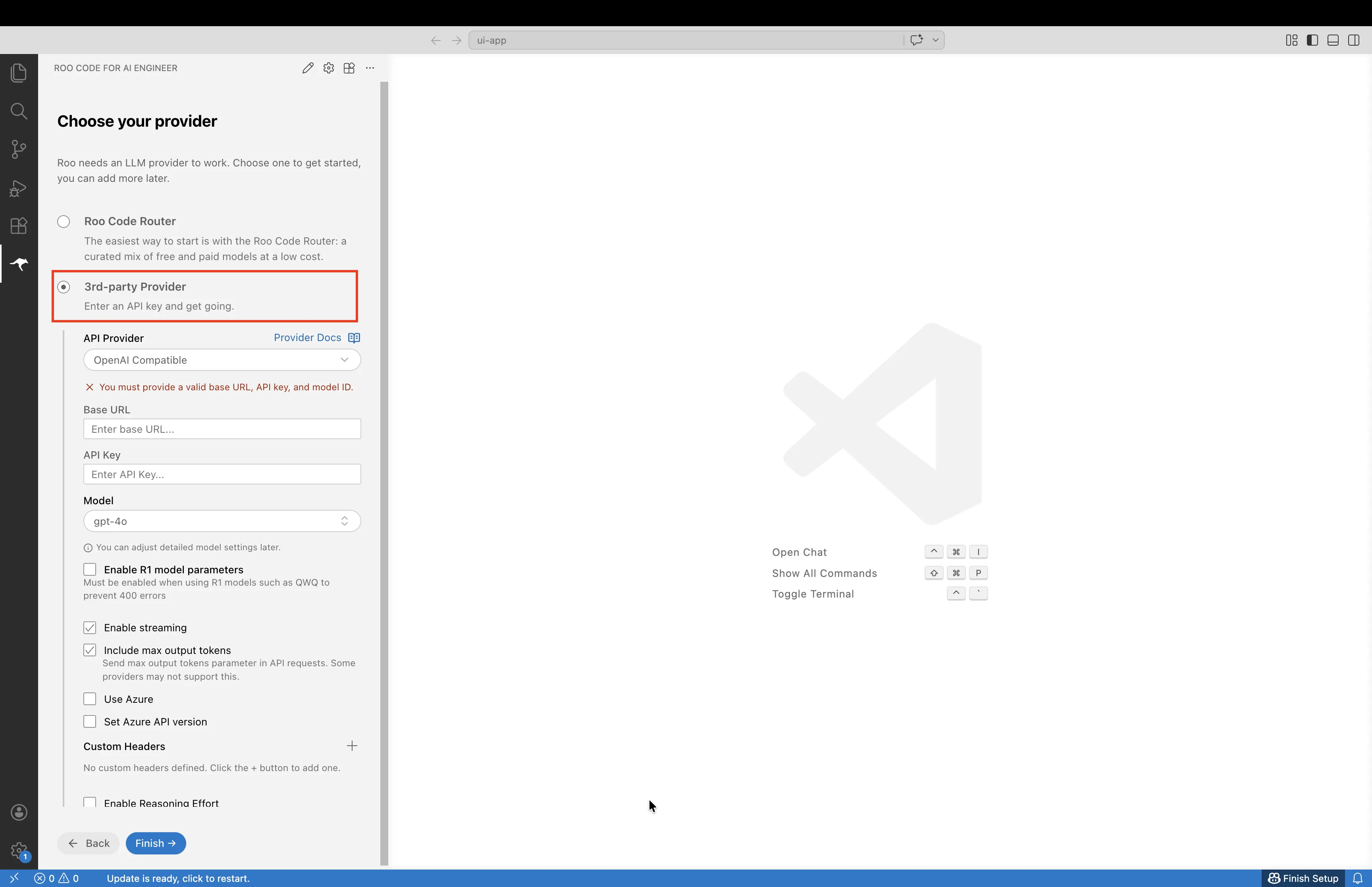 Roo Code provider selection screen with the "3rd-party Provider" option highlighted