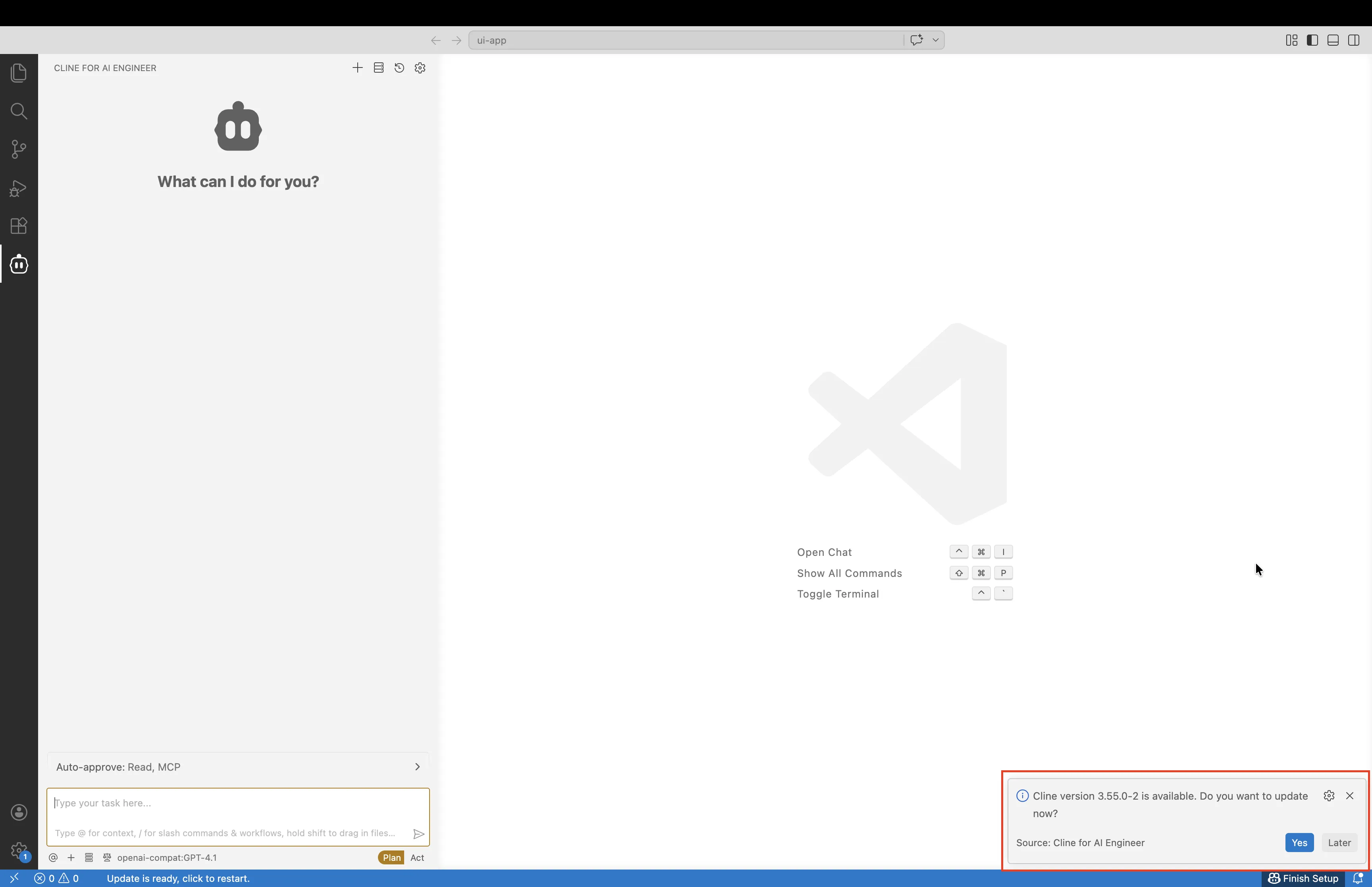 Notification that a new Cline version is available with Yes and Later options