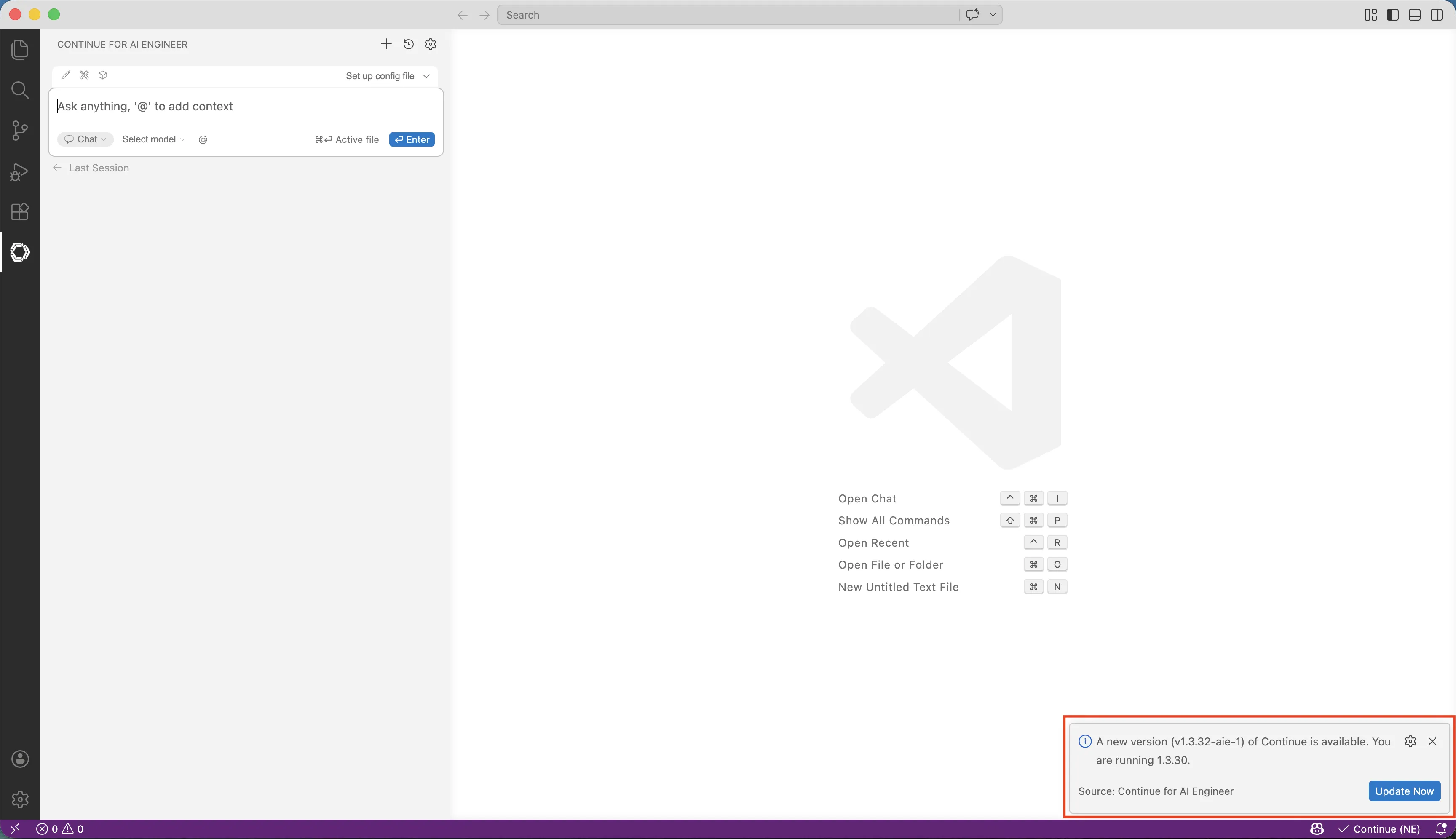 Notification that a new Continue version is available with Yes and Later options