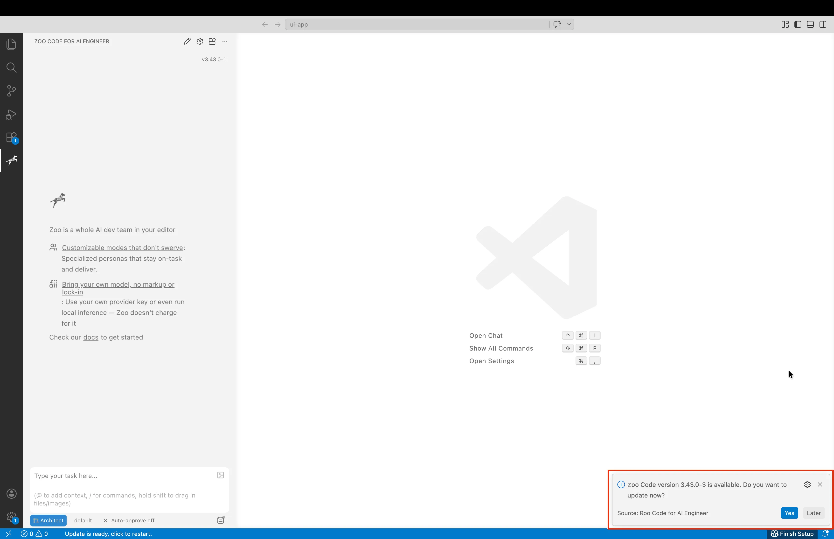 Zoo Code update prompt in VS Code with the "Yes" button to download the latest version