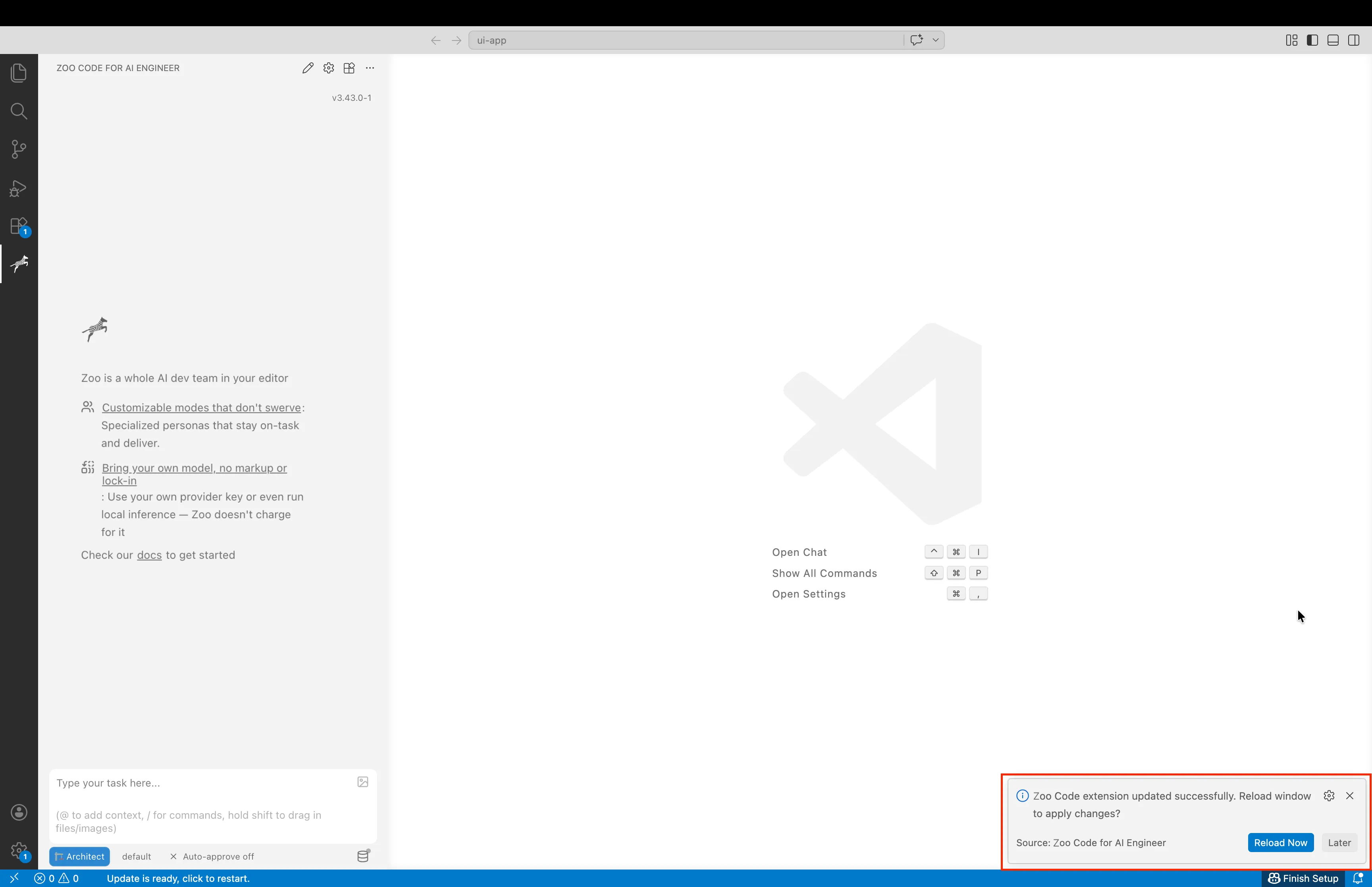 Zoo Code post-download prompt in VS Code with the "Reload Now" button to restart the extension